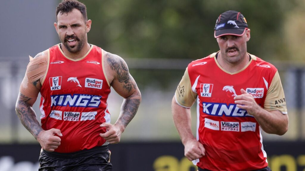 Dolphins props Josh Kerr (left) and Mark Nicholls will rip in against Wayne Bennett’s South Sydney.