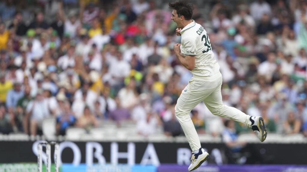 Australia captain Pat Cummins celebrates dismissing South Africa skipper Temba Bavuma.