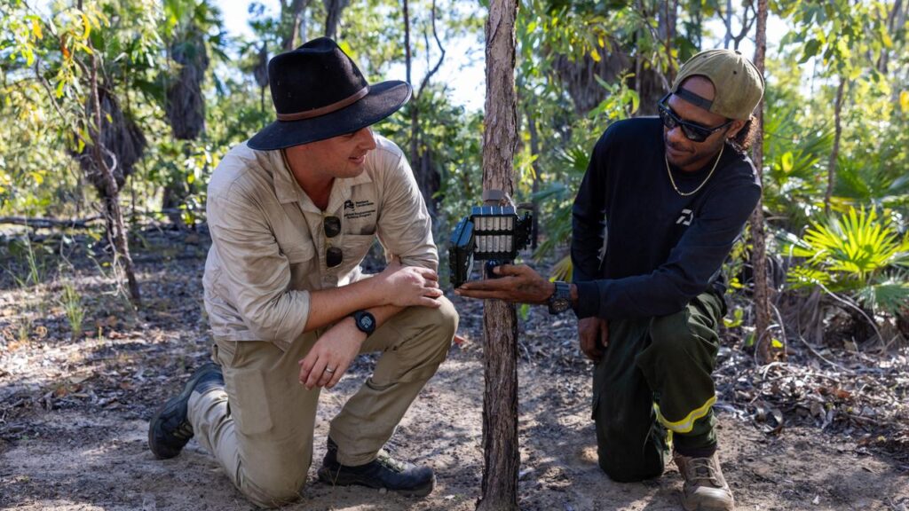Researcher Mitch Cowan and Traditional Owner Byron Cooper have been monitoring park wildlife.