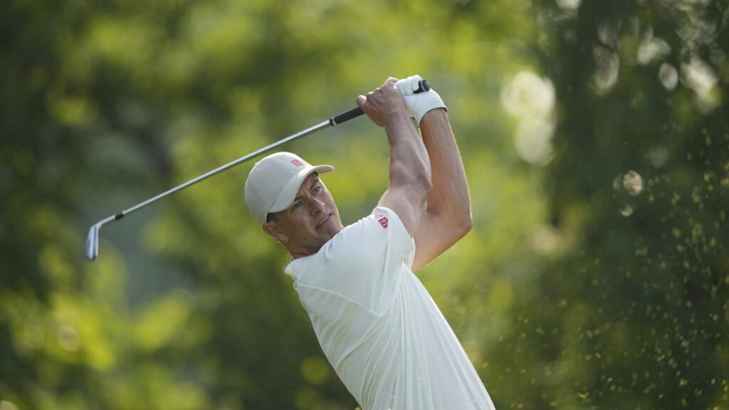 Adam Scott teeing off on the 13th hole during his topsy-turvy first round at the US Open at Oakmont.