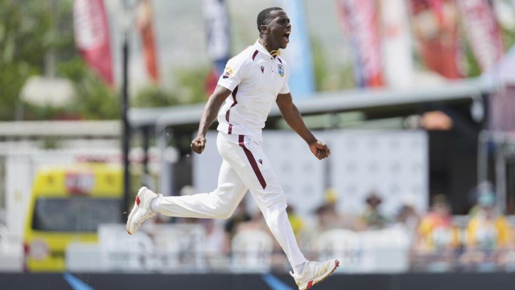 West Indies’ Shamar Joseph celebrates Beau Webster’s wicket during his Bridgetown tour de force.