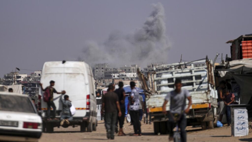 Smoke rises from an Israeli army airstrike east of Khan Younis on the Muslim festival of Eid.