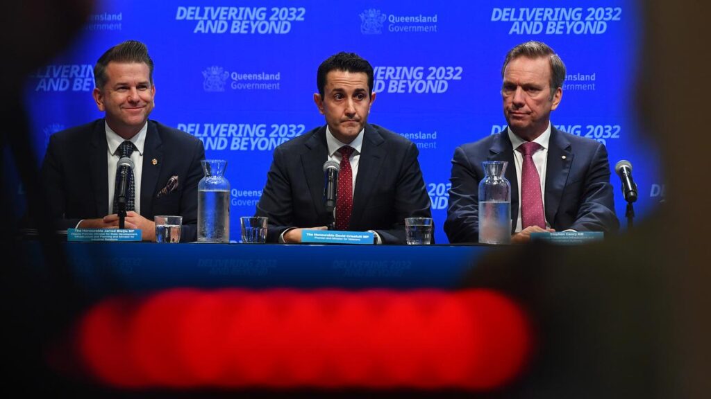 David Crisafulli’s (centre) government has an eye on the Olympics as it hands down its first budget.