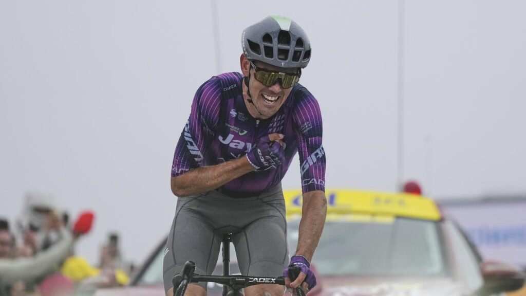 Australia’s Ben O’Connor crosses to win the 18th stage of the Tour de France Courchevel.
