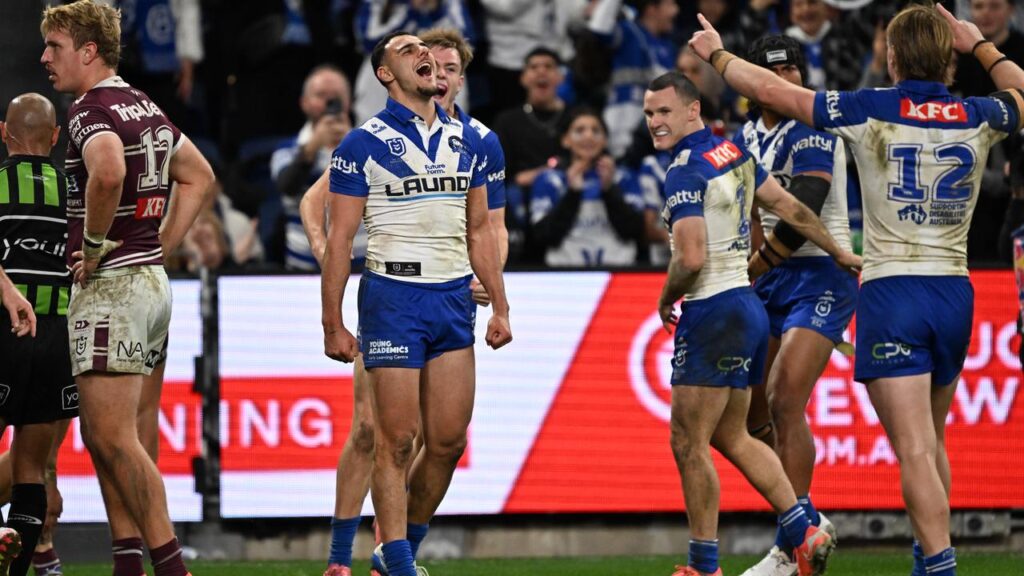 Jacob Kiraz scored a double in the Bulldogs’ 42-4 win over the Sea Eagles.