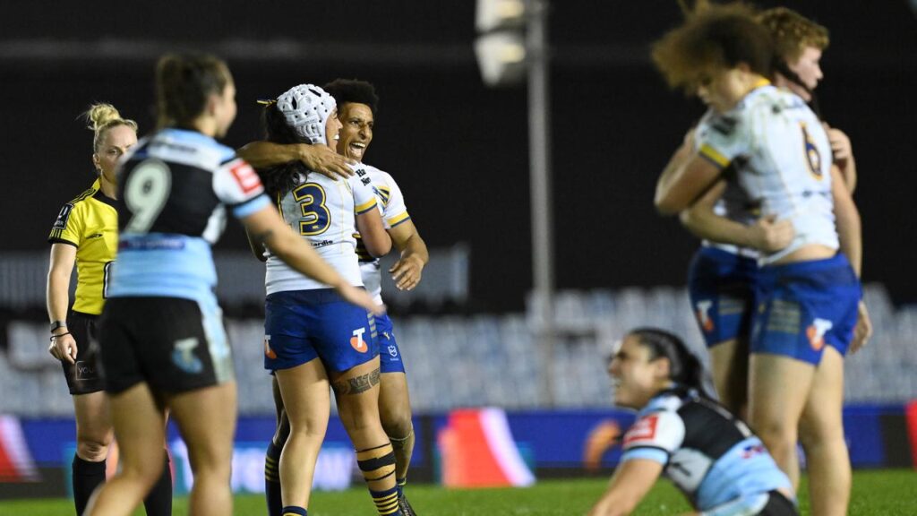 Parramatta players celebrate after pipping Cronulla in the NRLW season opener. 
