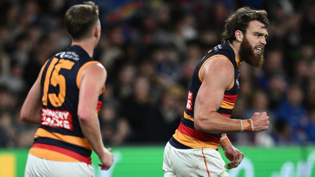 Adelaide’s Riley Thilthorpe (right) was a constant threat, booting six goals against the Bulldogs.