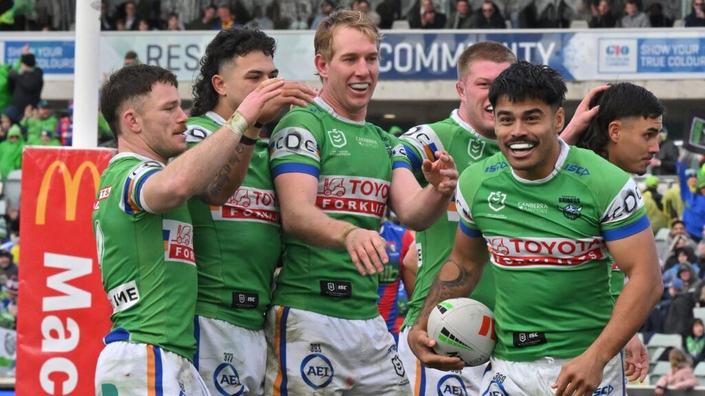 Matthew Timoko (second right) has led ladder leaders Canberra to an emphatic win over Newcastle.
