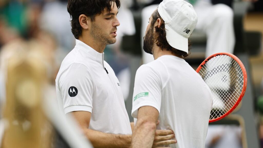 It’s all over for Australia”s JordanThompson (right) as opponent Taylor Fritz shows his sympathy.