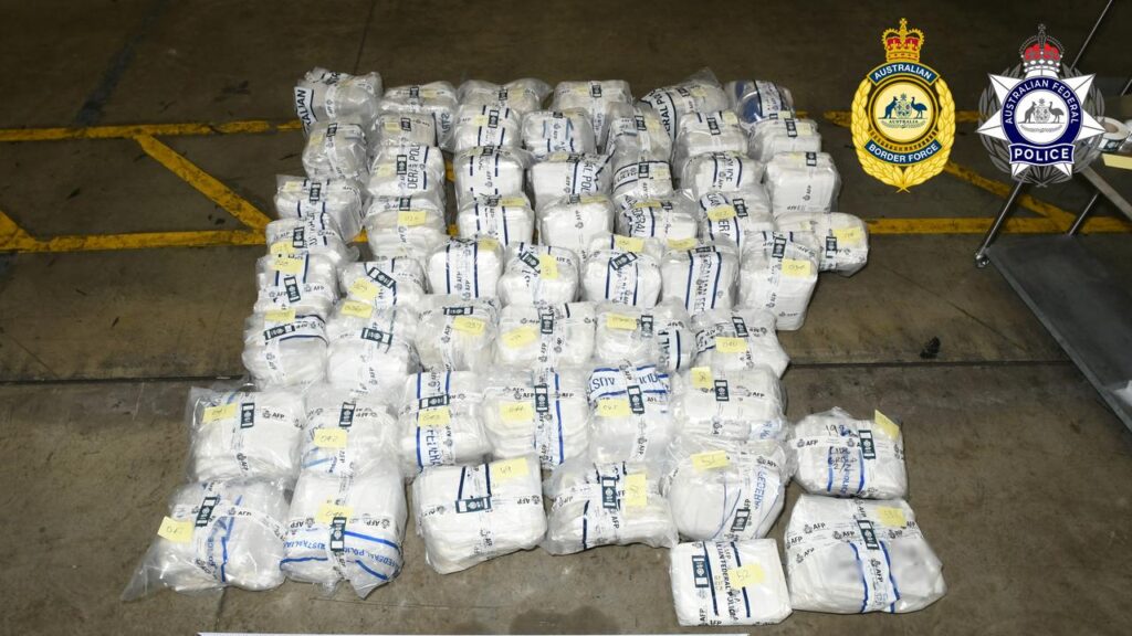 The AFP seized almost 600kg of methamphetamine wrapped inside 200 rolls of fabric.

