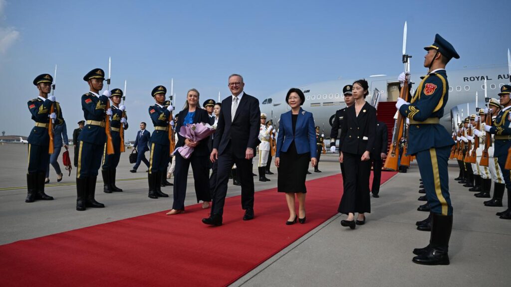 Prime Minister Anthony Albanese and fiancee Jodie Haydon received a red-carpet reception in Beijing.