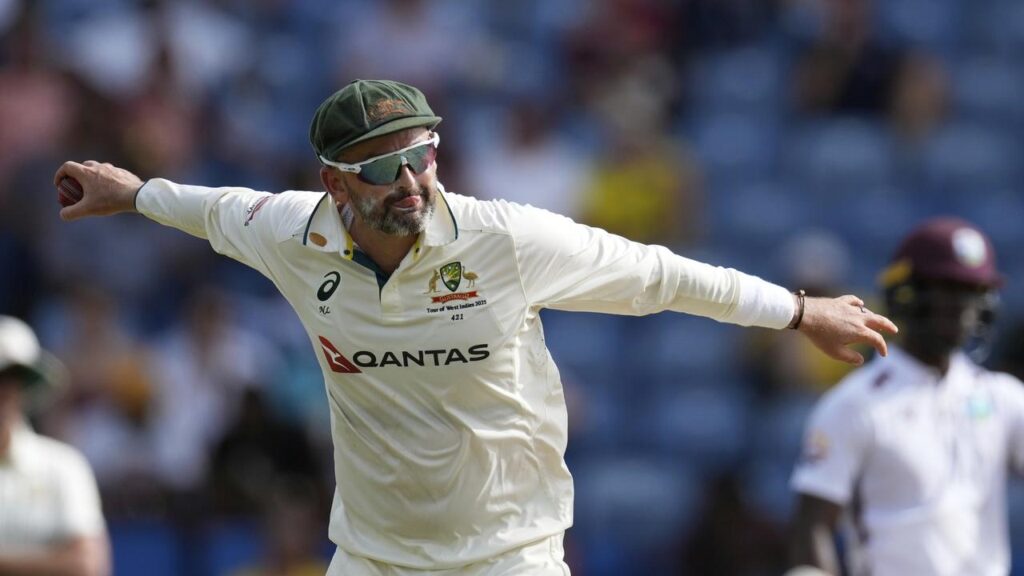 Nathan Lyon, here fielding during the second Test, has been dropped by Australia in Kingston.