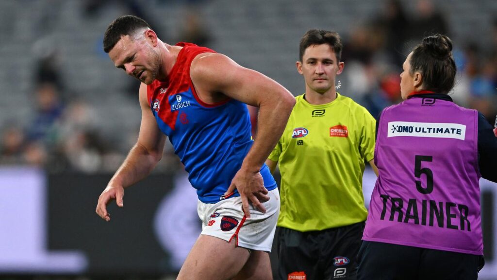 Melbourne’s Steven May left the field after the collision with Carlton’s Francis Evans.
