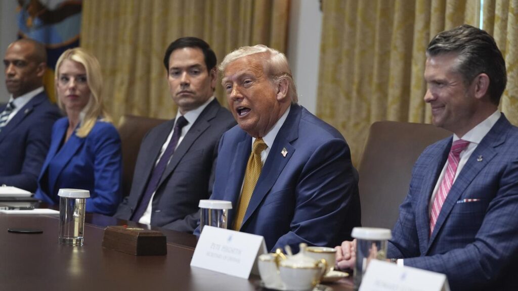 President Donald Trump directed his ire at Russian President Vladimir Putin at a cabinet meeting.