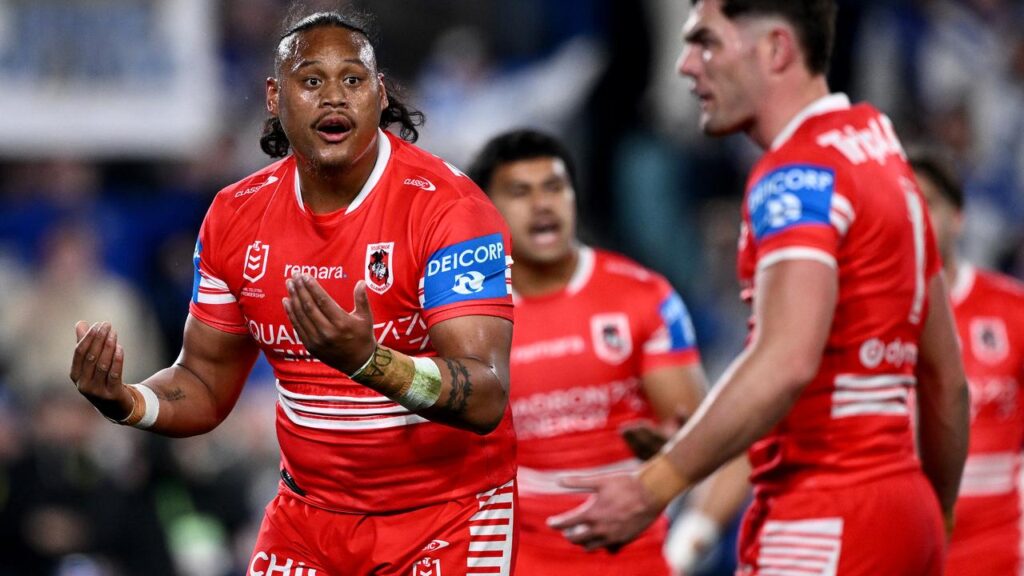 Dragons coach Shane Flanagan was furious about a penalty called against Luciano Leilua (left).