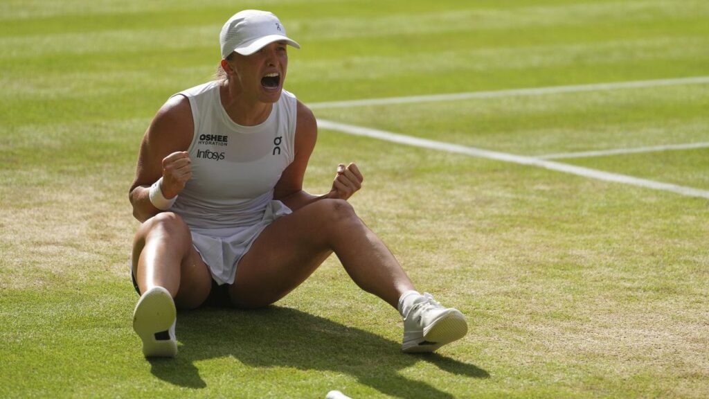 Iga Swiatek celebrates her amazing Wimbledon wipe-out win in the Centre Court final.