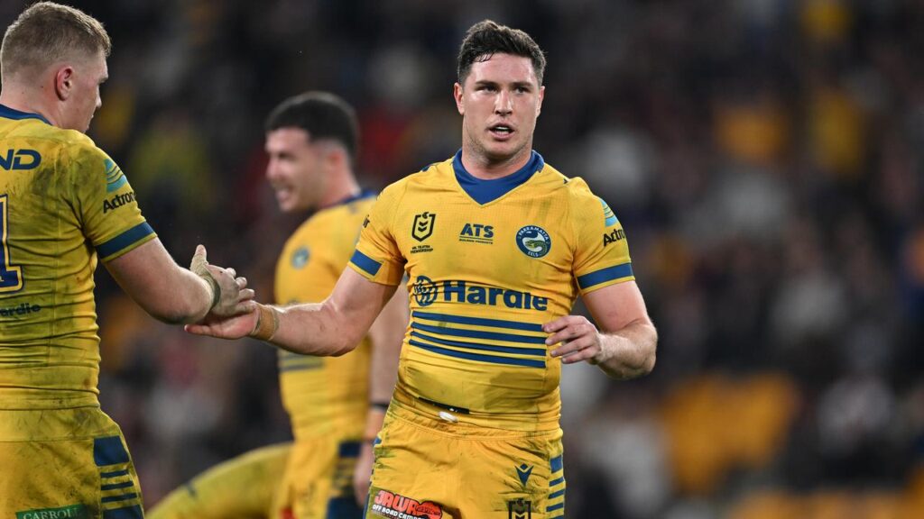 Parramatta captain Mitchell Moses celebrates the 22-20 win over Brisbane after returning from injury
