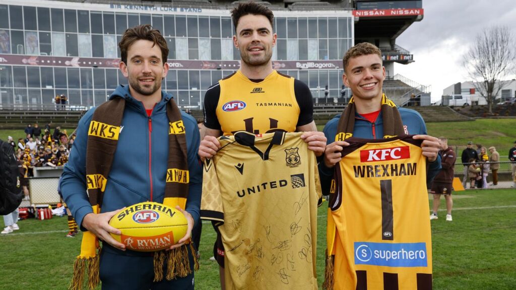 It was a tall order for Wrexham’s Aaron James (left) and Alex Moore flanking Hawthorn’s Conor Nash.