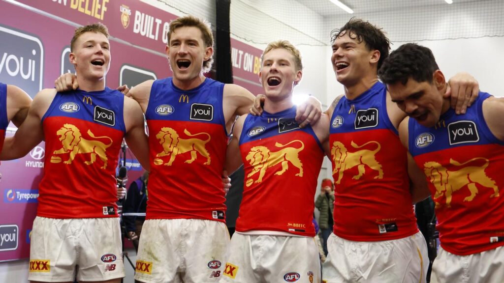 The victorious Brisbane Lions were in good voice after their crushing win over Fremantle in Perth.
