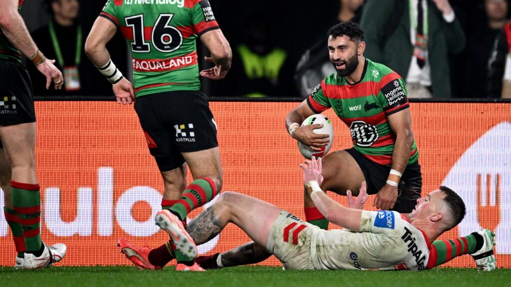 Alex Johnston has crossed for one of South Sydney’s seven tries in a thumping win over the Dragons.
