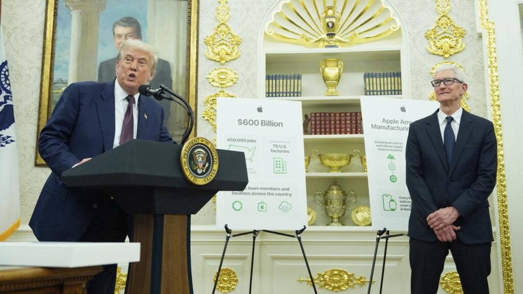 Donald Trump announced plans for a 100pct tariff on computer chips alongside the Apple CEO.
