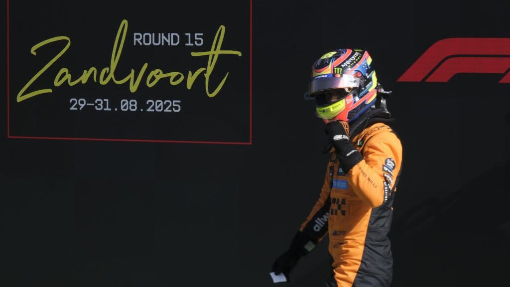 Oscar Piastri celebrating his pole position at the Dutch Grand Prix at Zandvoort.