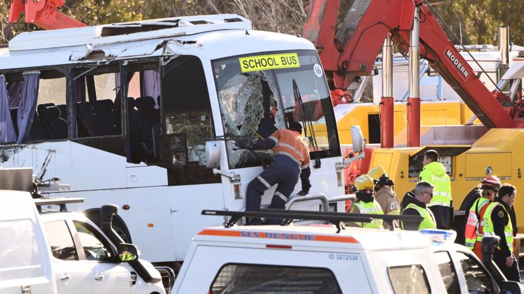A young student died and others were injured when a school bus crashed near Geelong.