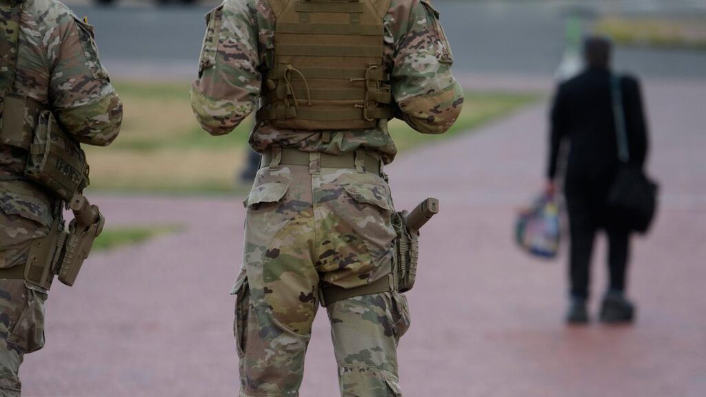 National Guard members with holstered handguns were positioned near Union Station in Washington.
