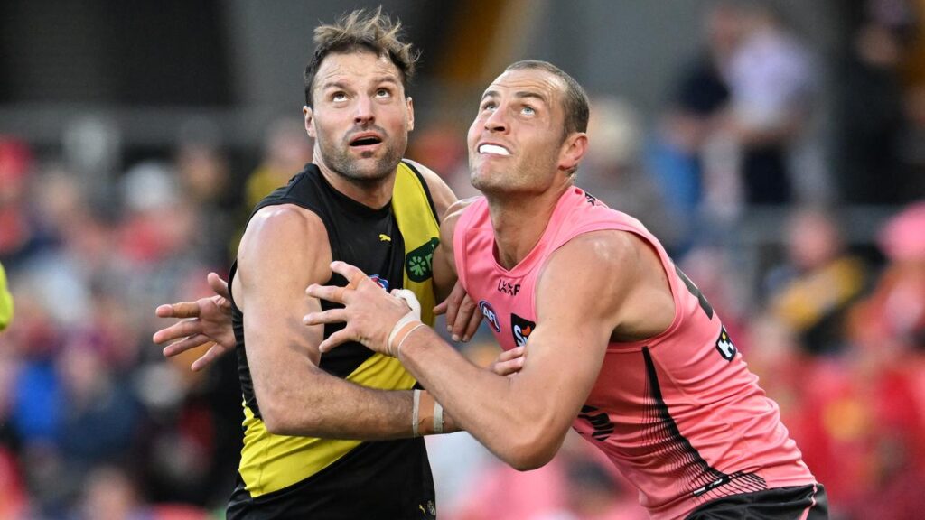 Toby Nankervis (L) has avoided sanction for colliding with an umpire in Richmond’s loss to the Suns.