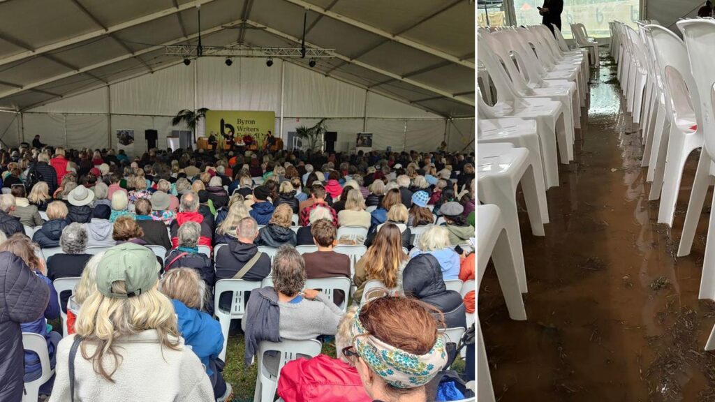 Byron Writers Festival welcomed big crowds on Friday before heavy rain forced the event’s early end.