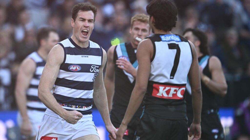 Jeremy Cameron has continued his push for 100 goals, bagging six in Geelong’s thrashing of Port.
