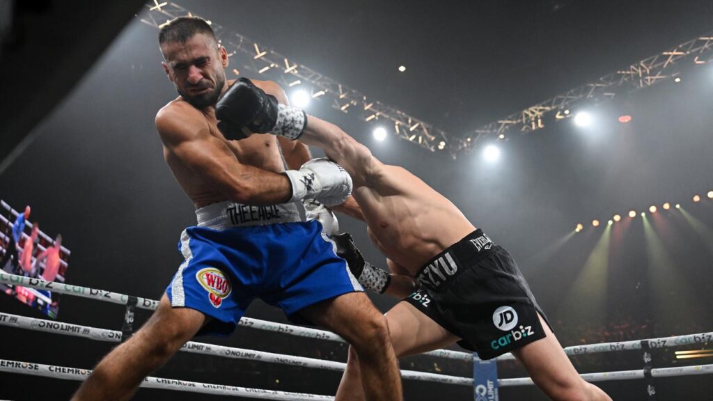 Nikita Tszyu lands a left against Macedonia’s Lulzim Ismaili in their super-short title fight.
