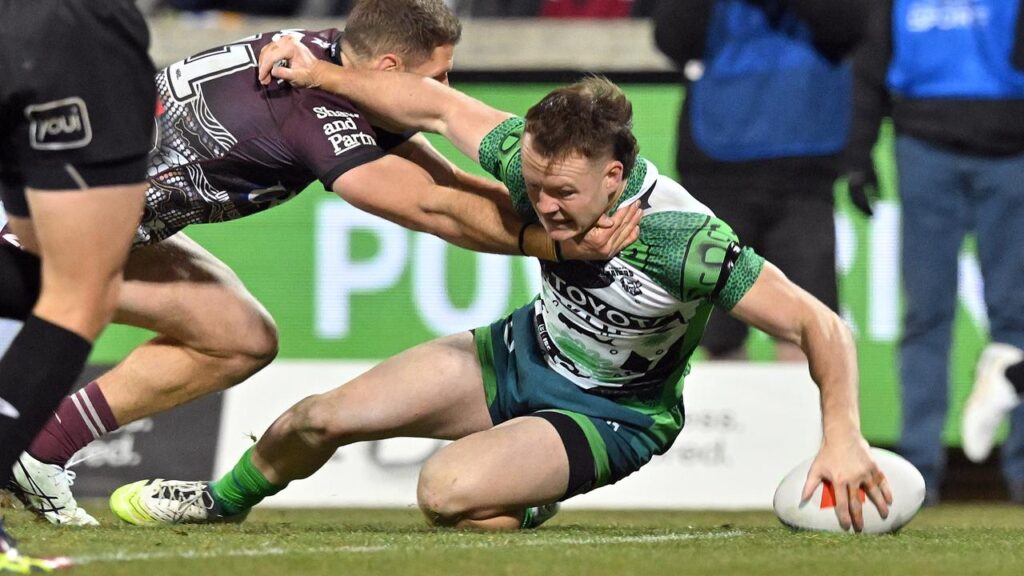 Canberra’s Ethan Strange scored a hat-trick in the Raiders’ win over the Sea Eagles.