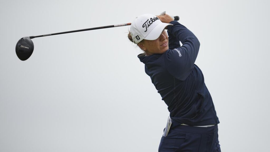 Steph Kyriacou plays a shot from the second tee during another eventful round.