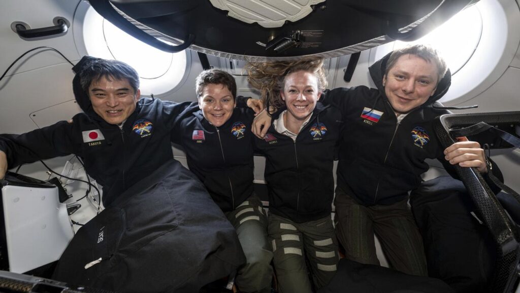NASA’s Anne McClain, Nichole Ayers, Japan’s Takuya Onishi and Russia’s Kirill Peskov splashed down.