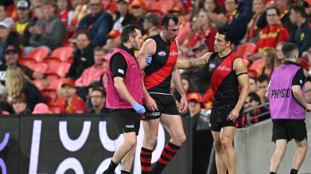 Todd Goldstein suffered an injury on a miserable season-ending night for the Bombers at Gold Coast.