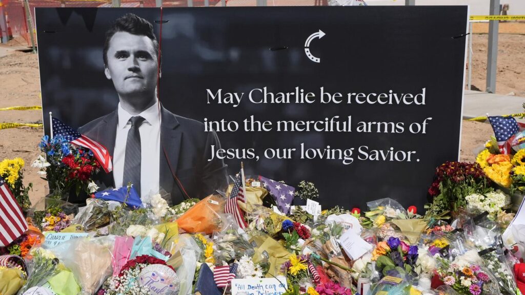 A memorial is set up at Turning Point USA headquarters for Charlie Kirk, its co-founder.
