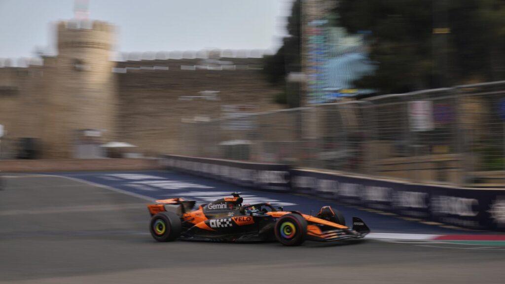 McLaren’s Oscar Piastri clipped a wall on the Baku street circuit in the second practice session.
