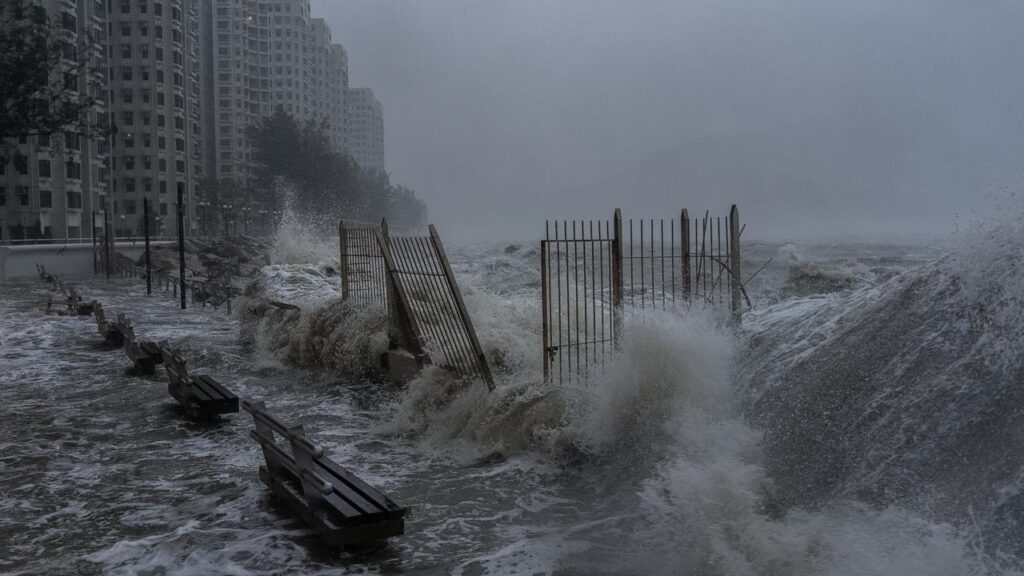 Areas near promenades were flooded as Typhoon Ragasa hit Hong Kong.
