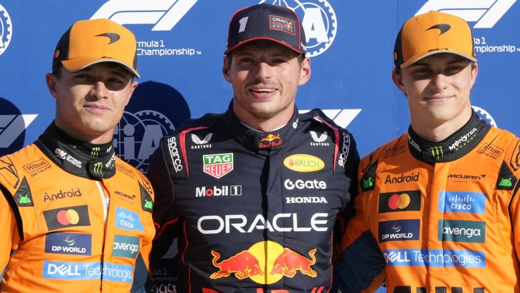 Max Verstappen flanked by his two McLaren rivals after pipping them to Italian Grand Prix pole.

