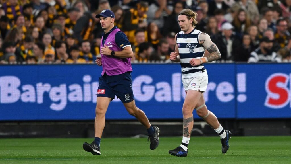Tom Stewart comes off after being concussed in the preliminary final against Hawthorn.
