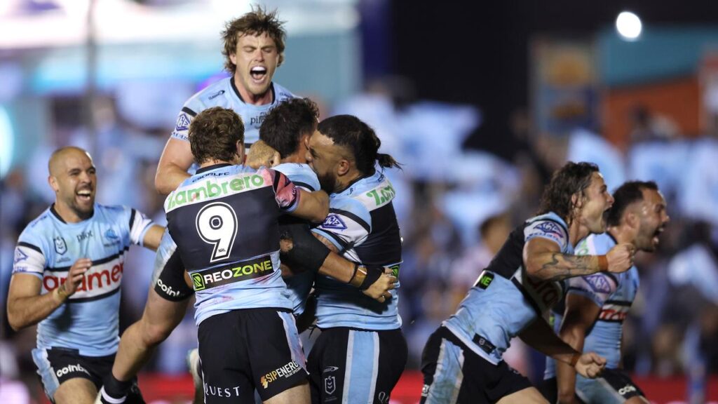Toby Rudolf rises high after scoring against Roosters, just like the Sharks after their turnaround.
