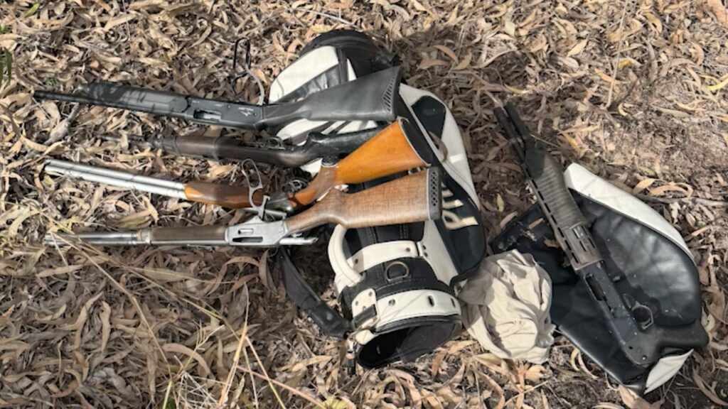 Police seized a variety of firearms during the search for two people.
