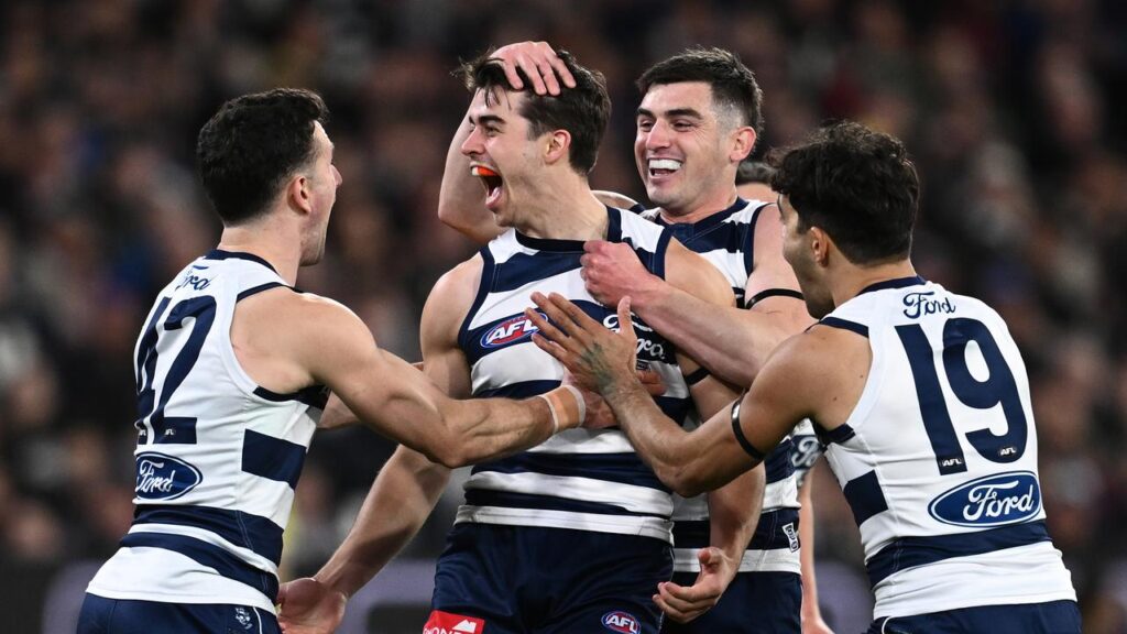 Irishman Oisin Mullin (2-l) has revelled in his role as tagger for Geelong in the finals.
