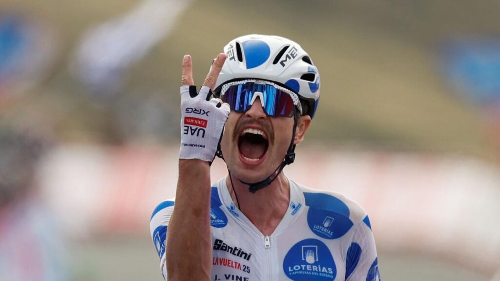Australian Jay Vine holds two fingers up to mark his second stage win of this year’s La Vuelta.