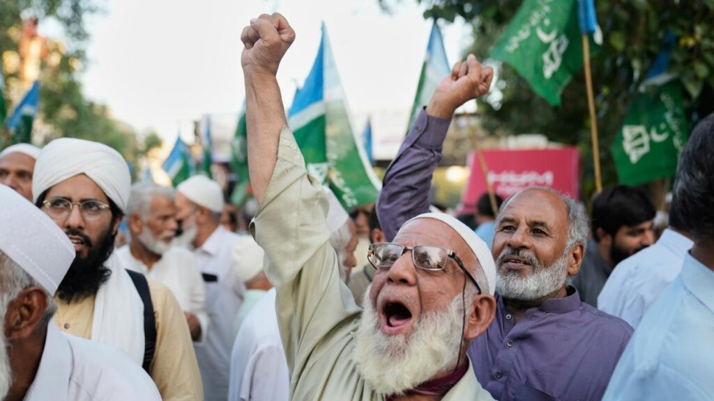 Supporters of religious group Jamaate-e-Islami rally against Israel in Lahore, Pakistan.
