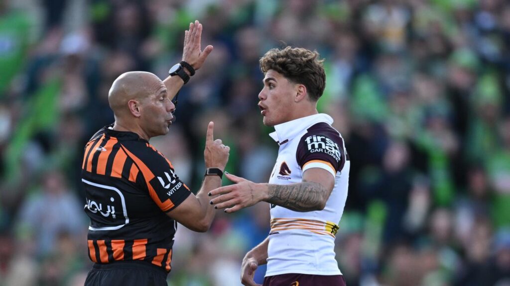 Brisbane’s Reece Walsh  pleads his case before being sent to the sin bin.

