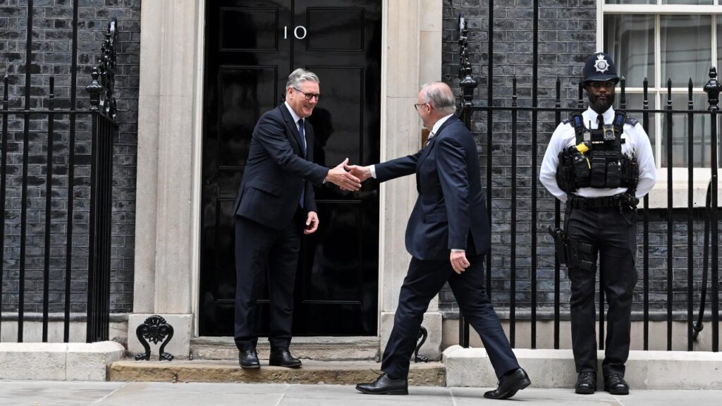 UK Prime Minister Keir Starmer has greeted Prime Minister Anthony Albanese to Downing Street.
