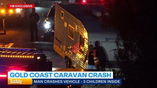 Stolen caravan crashes with three kids on board GOLD COAST CARAVAN CRASH