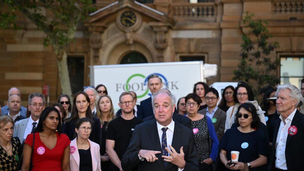Psychiatrists gather before a hearing at the NSW Industrial Relations Commission in March.
